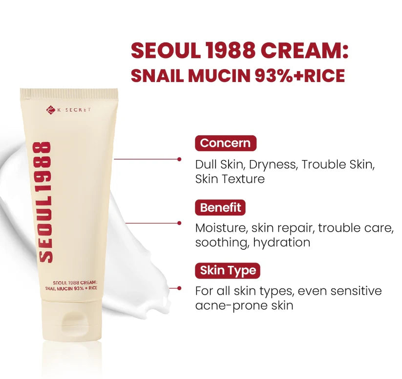 K-Secret Seoul 1988 Cream: Snail Mucin 93% + Rice