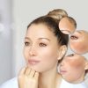 Three circles zoom in on the hyperpigmentation on a woman's face
