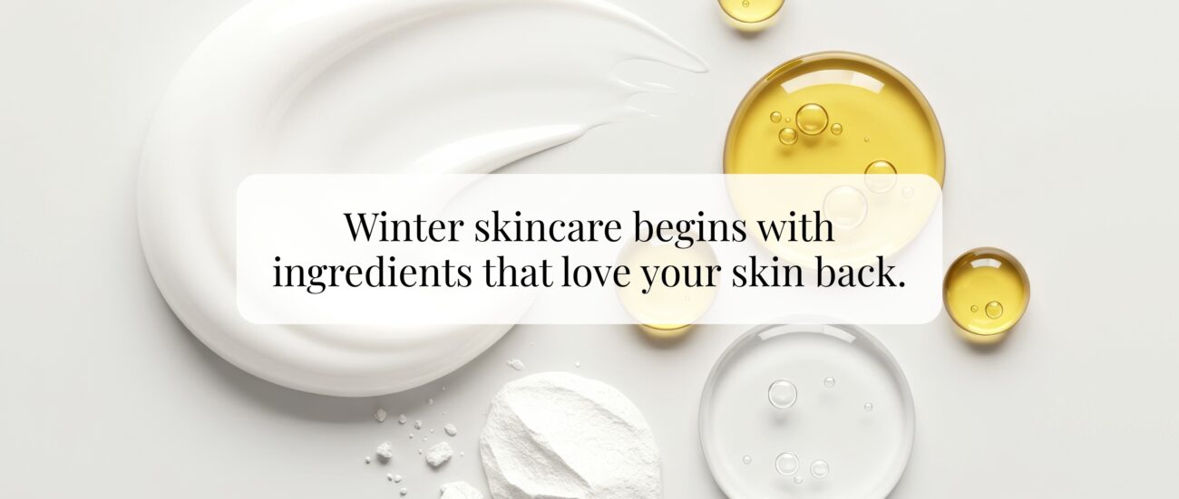 An image with different ingredients with the following text: Winter skincare begins with ingredients that love your skin back.