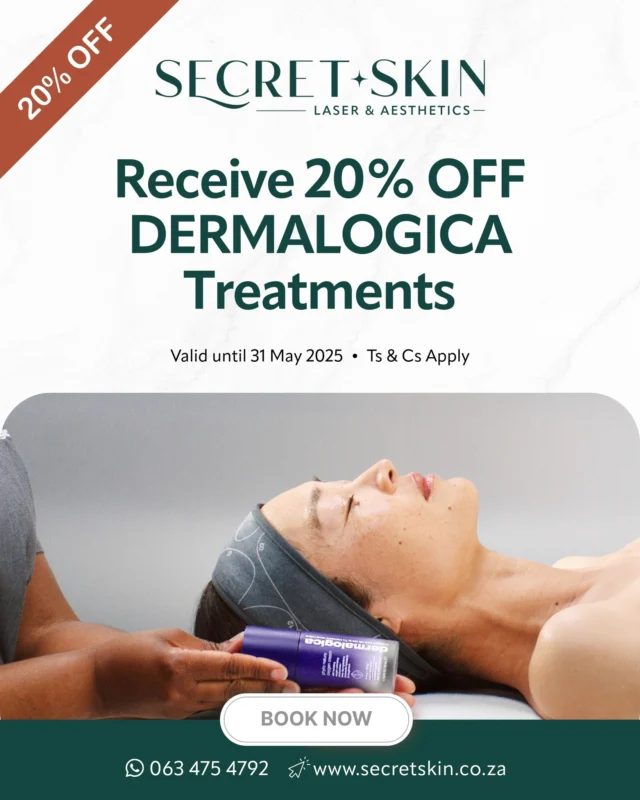 💖 May Skincare Savings! 💖

Don't miss out! 𝗚𝗲𝘁 𝟮𝟬% 𝗢𝗙𝗙 𝗮𝗹𝗹 𝗽𝗿𝗼𝗳𝗲𝘀𝘀𝗶𝗼𝗻𝗮𝗹 𝗗𝗲𝗿𝗺𝗮𝗹𝗼𝗴𝗶𝗰𝗮 𝗧𝗿𝗲𝗮𝘁𝗺𝗲𝗻𝘁𝘀 exclusively at Secret Skin Laser & Aesthetics this May.

Why Dermalogica? Because healthy skin is our priority! We trust their effective, science-backed approach and formulas free from common irritants to deliver the personalised results you deserve. 

Give your skin the expert care it deserves for less.

➡️ Book online or call 063 475 4792 to secure your spot!
⏰ Offer ends 31 May 2025

#SecretSkin #treatments #Klerksdorp #promotions #Dermalogica #facialtreatments