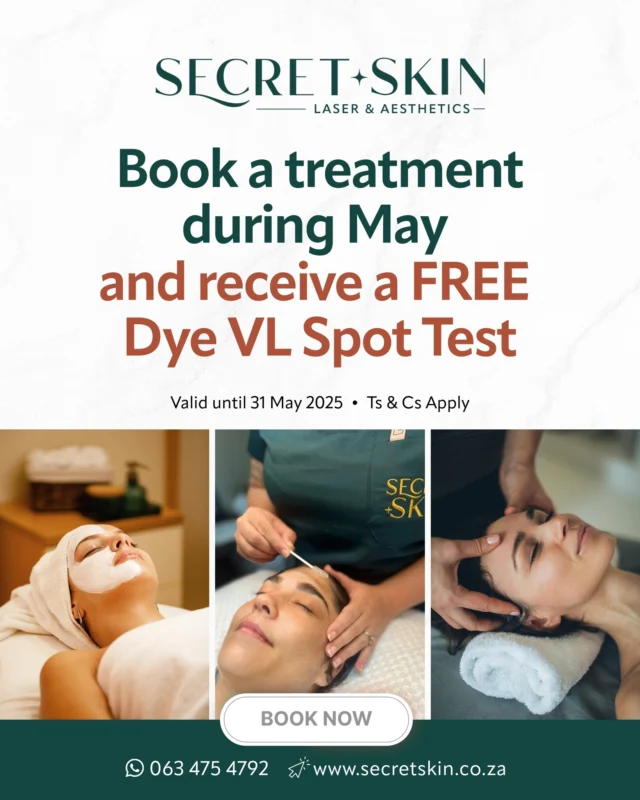 May Bonus Alert ✨

Add extra value to your visit this May! Book any treatment at Secret Skin Laser & Aesthetics during May and receive a 𝗙𝗥𝗘𝗘 Dye VL Spot Test.

Curious about tackling spots or redness? This is your chance to see if Dye VL is a suitable option for you.

📞 Book your appointment today & claim your free spot test: 063 475 4792 or book online 

#SecretSkin #treatments #Klerksdorp #promotions #DyeVLSpotTest