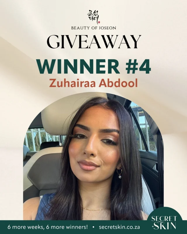🎉 Congratulations to this week’s Beauty of Joseon winner… 𝗭𝘂𝗵𝗮𝗶𝗿𝗮𝗮 𝗔𝗯𝗱𝗼𝗼𝗹! 

Your ultimate K-beauty skincare set worth R2,500 is on its way! 💌✨

Still dreaming of that glow-up? You’ve got 6 more chances to win! Enter now and let your skin shine like royalty 👑 https://secretskin.co.za/giveaway/

#SecretSkin #kbeauty #KoreanSkincare #BeautyofJoseon #giveaway #skincare