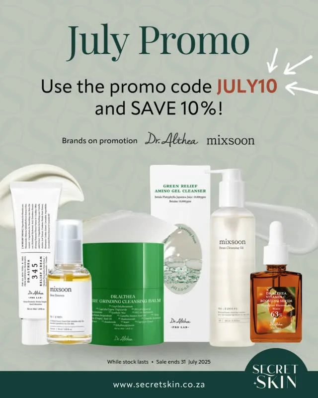 Glow up for less this July! ✨ Use the promo code 𝗝𝗨𝗟𝗬𝟭𝟬 at checkout and get 𝟭𝟬% 𝗼𝗳𝗳 all Mixsoon and Dr. Althea products.

Skincare savings never looked so good 💖 Valid until 31 July 2025 or while stock lasts.

#SecretSkin #kbeauty #KoreanSkincare #Mixsoon #DrAlthea #promotion