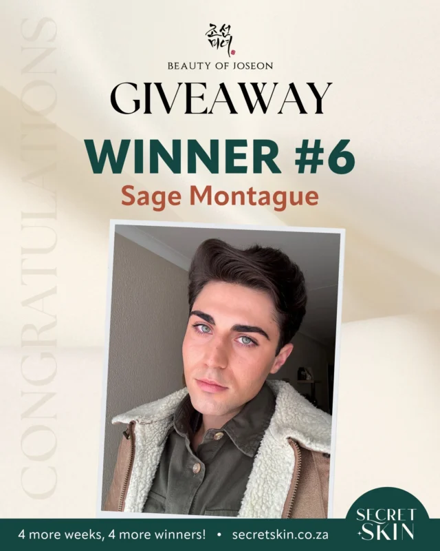 Congratulations to this week’s Beauty of Joseon giveaway winner, 𝗦𝗮𝗴𝗲 𝗠𝗼𝗻𝘁𝗮𝗴𝘂𝗲! 🎉 Enjoy your reward from Secret Skin, and thank you for being part of our K-beauty journey.

Want to be next? We’re not done yet. Keep entering for your chance to win! 👉 https://secretskin.co.za/giveaway/ 

#SecretSkin #BeautyofJoseon #giveaway #kbeauty #koreanskincare